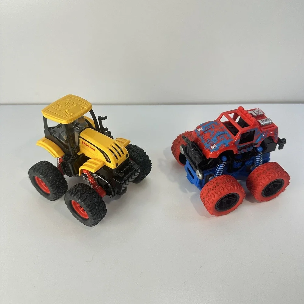Lot of 4 Friction Propel Cars Push 'n Go Jeep Monster Truck Yellow Tractor Racer